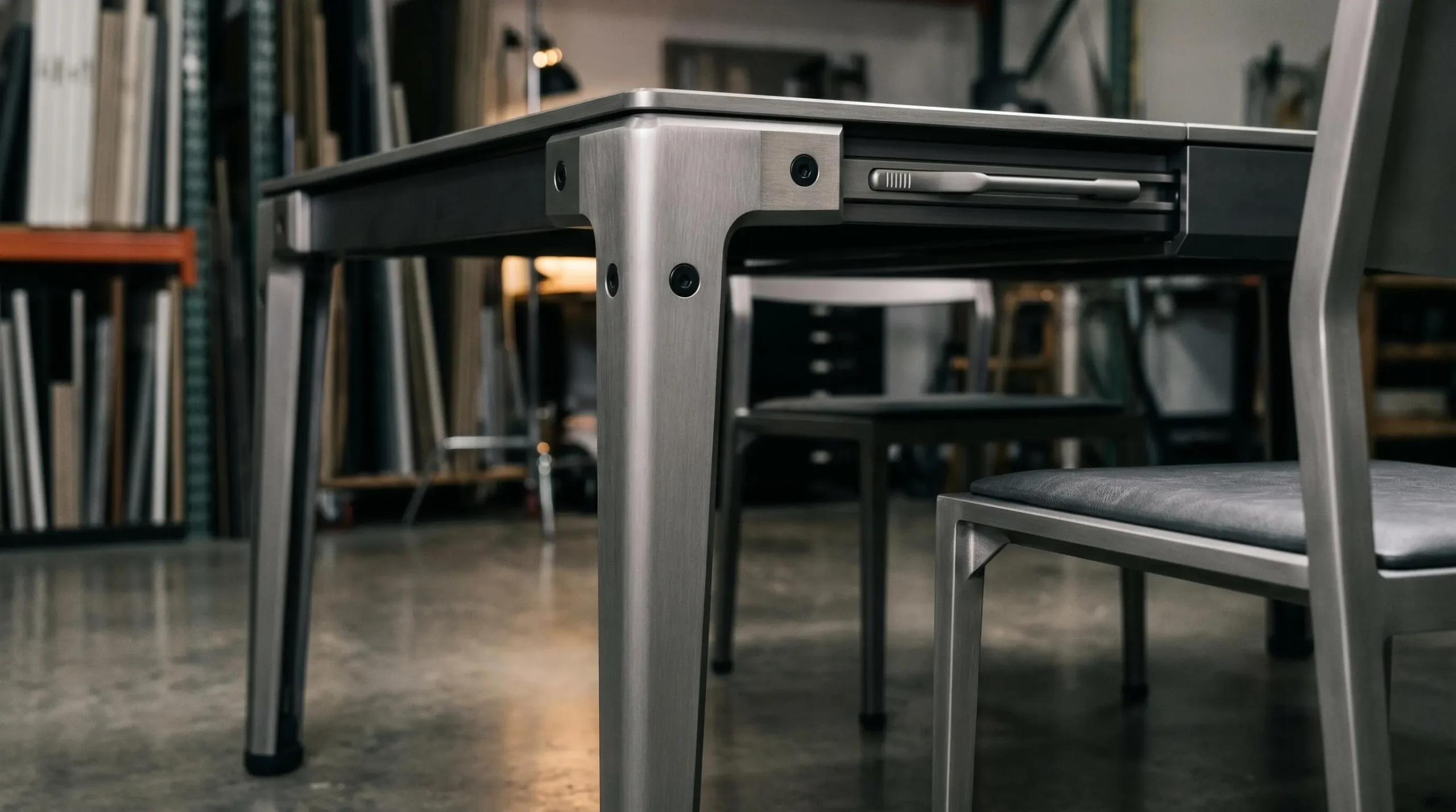Détail d'une table aluminium avec finish taupe, accompagnée du même piètement de chaises