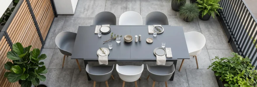 Vue en plongée d'une terrasse contemporaine avec table aluminium extensible, chaises assorties et décoration minimaliste