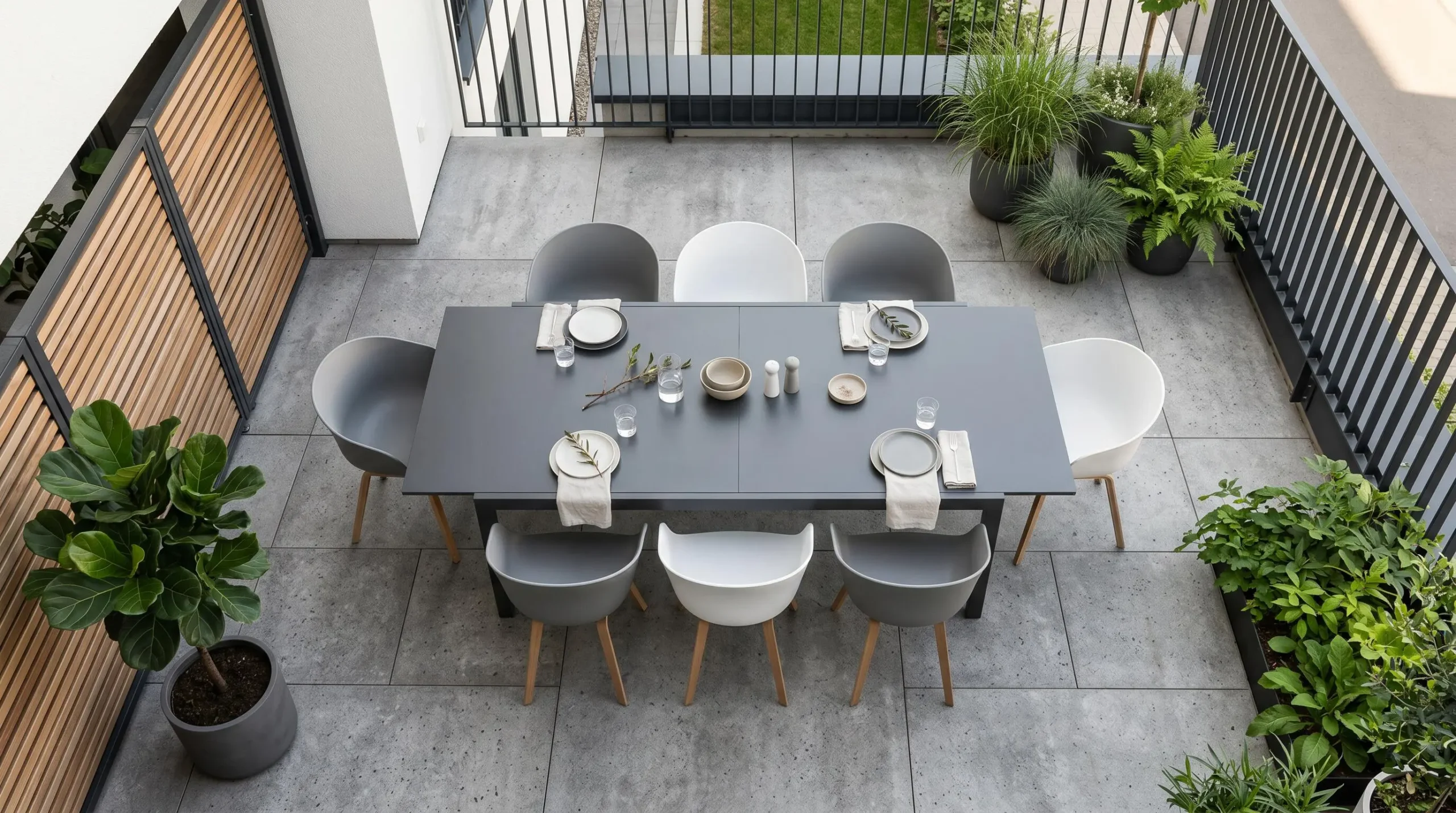 Vue en plongée d'une terrasse contemporaine avec table aluminium extensible, chaises assorties et décoration minimaliste