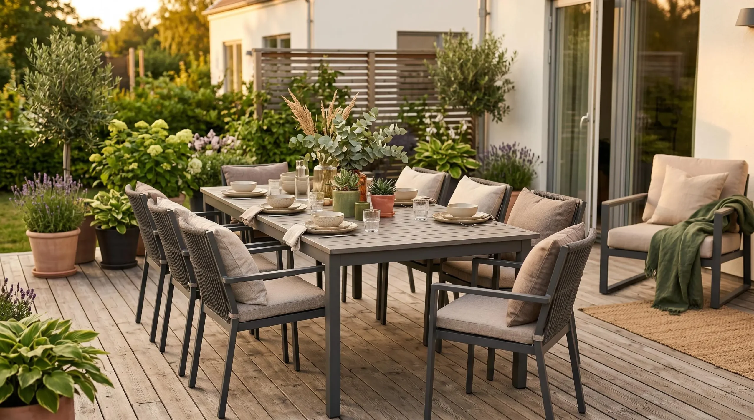 Vue d'une terrasse minimaliste avec table extensible, mobilier coordonné et décorations naturelles