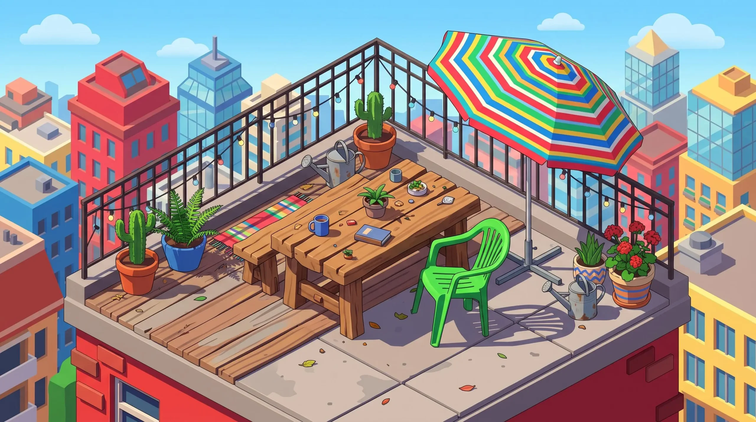 Illustration des erreurs d'harmonisation : styles disparates sur une terrasse (mix chaise plastique + table bois)