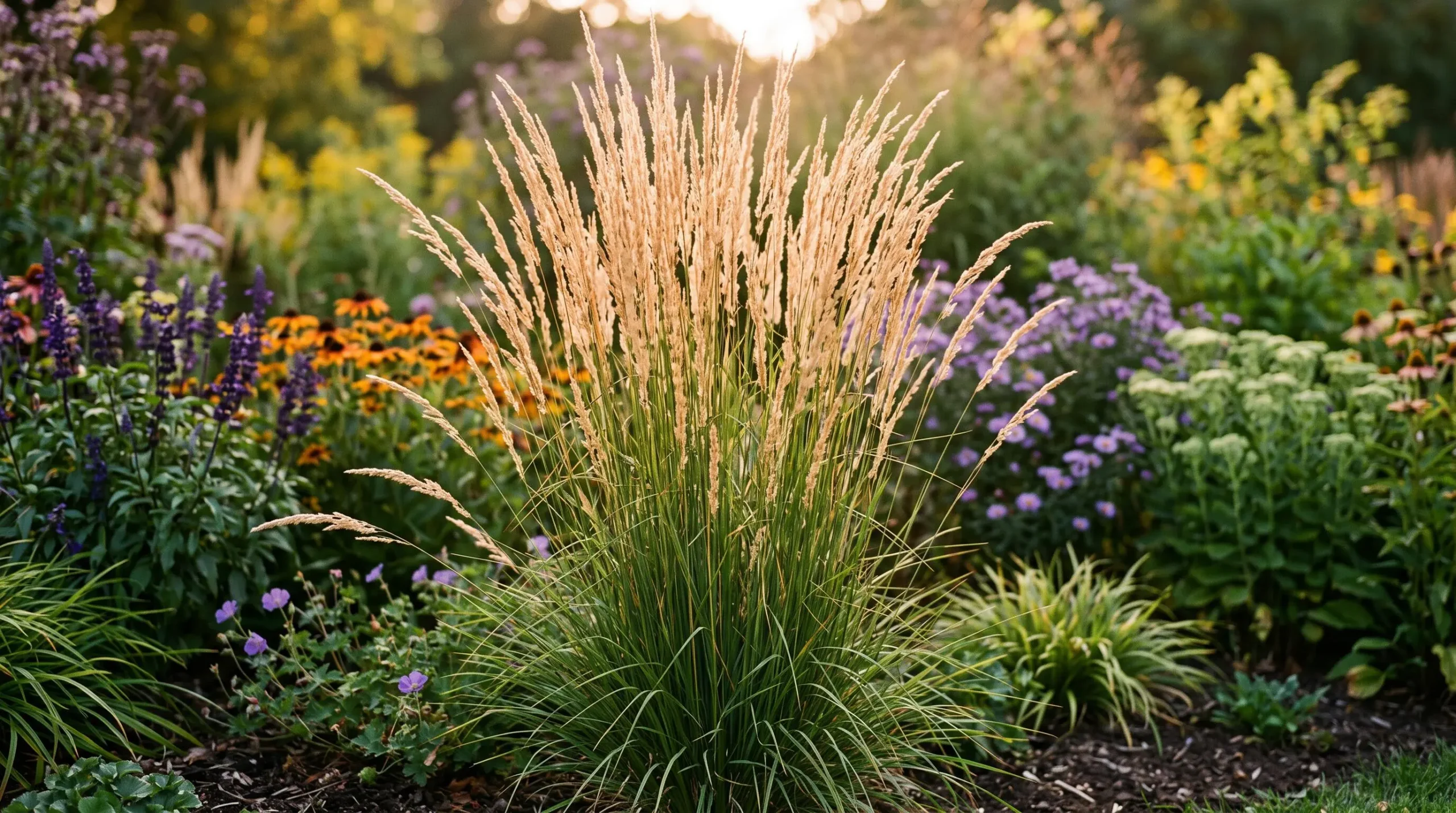 Graminée ornementale calamagrostis en fin d'été avec ses panicules dorées élégantes atteignant 1,8 mètre de hauteur dans un massif de jardin