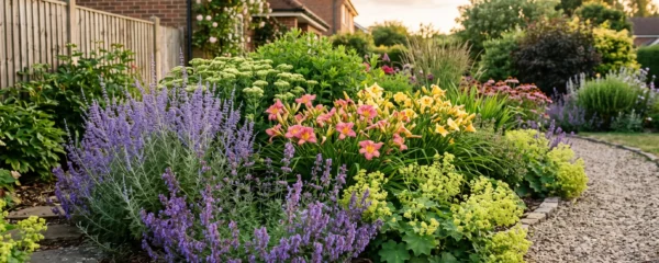 Massif de jardin luxuriant composé de plantes vivaces ultra-résistantes en pleine floraison avec sauges russes bleues, hémérocalles roses et jaunes, népétas violets et alchémilles chartreuse