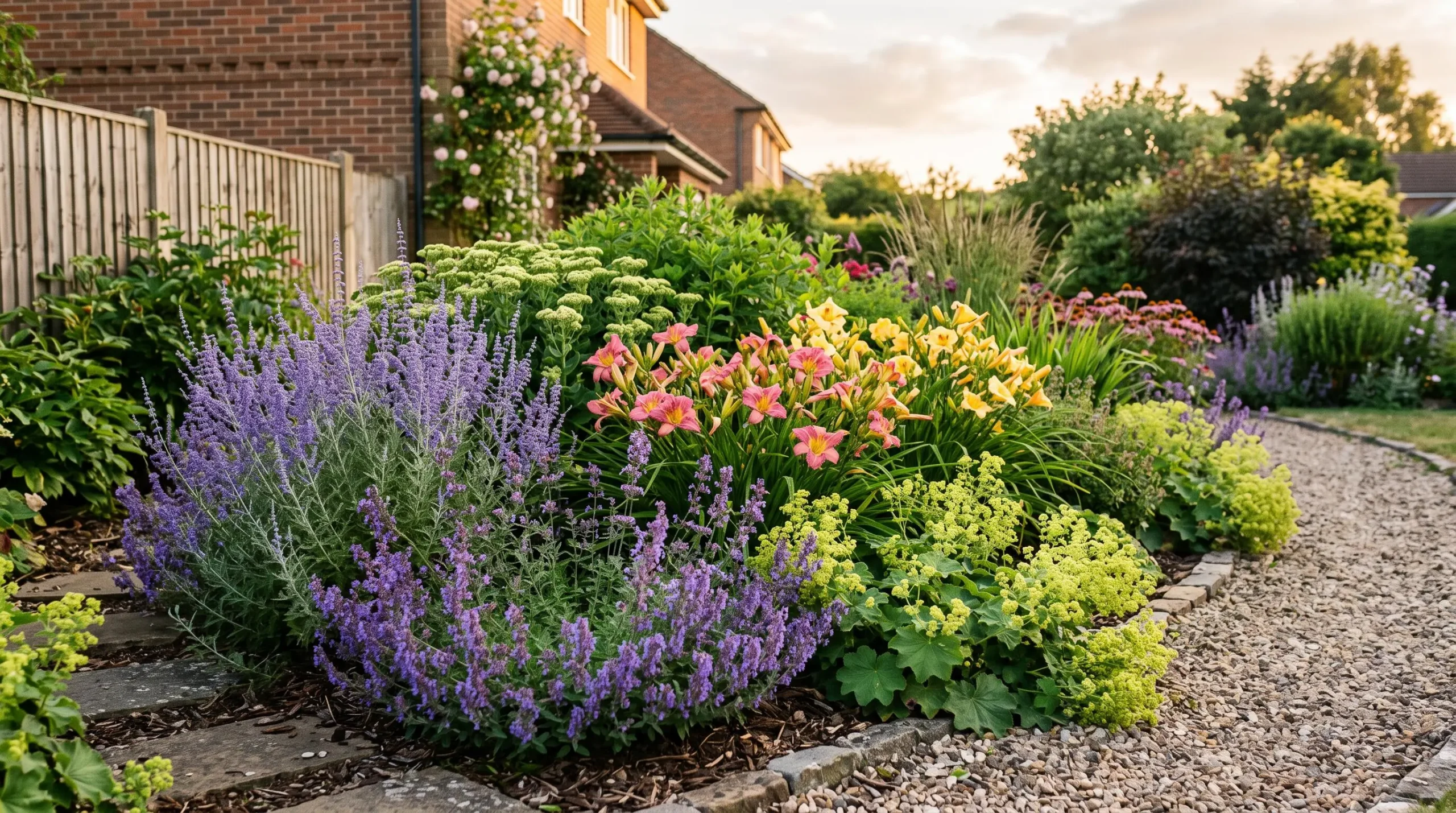 Massif de jardin luxuriant composé de plantes vivaces ultra-résistantes en pleine floraison avec sauges russes bleues, hémérocalles roses et jaunes, népétas violets et alchémilles chartreuse