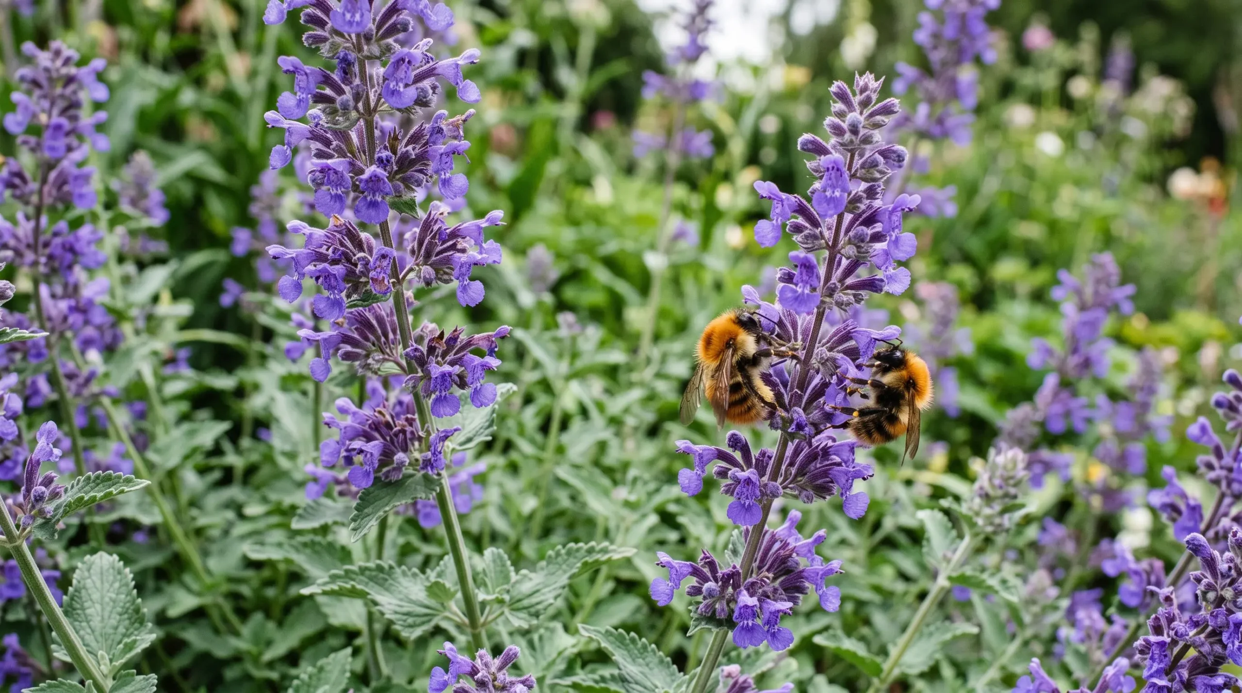 Gros plan sur des fleurs violettes de népéta avec un bourdon en train de butiner, montrant la floraison dense et le feuillage gris-vert de cette vivace robuste